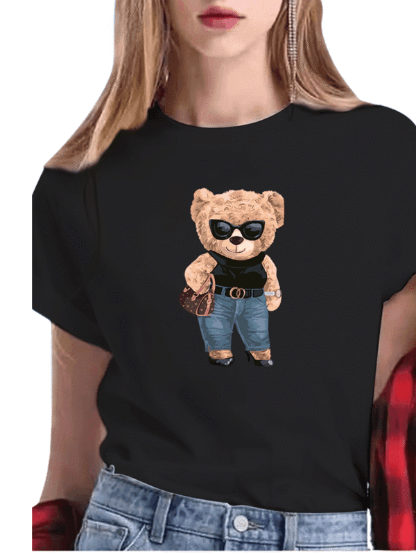 Y2K 90s Bear Print T-Shirt – Cute Cartoon Short Sleeve Streetwear Top for Women
