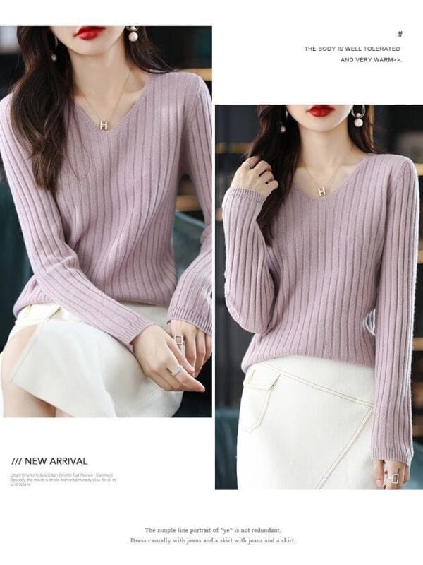 Women’s V-Neck Knitted Sweater – Long Sleeve Winter Pullover for Casual or Office Wear