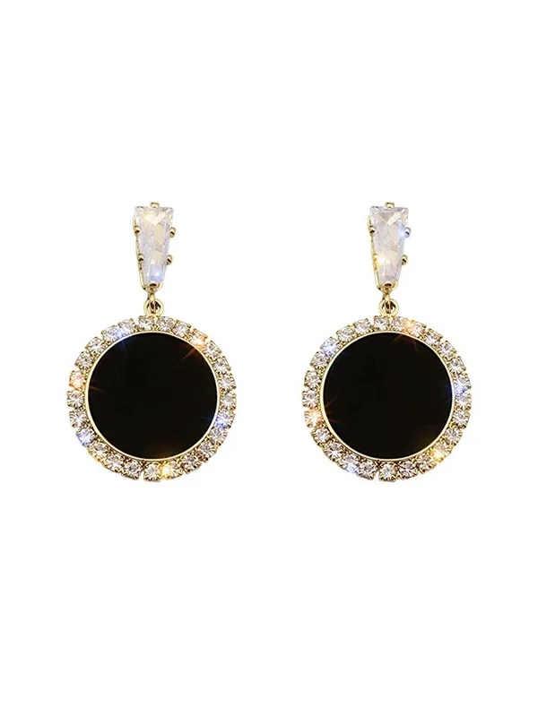 S925 Silver Black Rhinestone Earrings – Korean Round Minimalist Statement Jewelry for Women