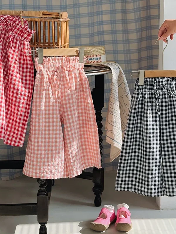 Plaid Printed Wide-leg Pants Flower 2 To 8 Years