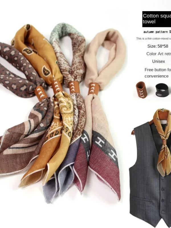 Japanese-American Casual Artistic Men's Scarf – Versatile Small Scarf with Leather Ring, Hip Hop Wrist Towel Style