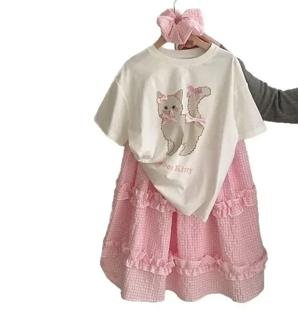 Girls’ Cat Graphic Shirt & Skirt Set – 2Pcs Toddler Boutique Outfit