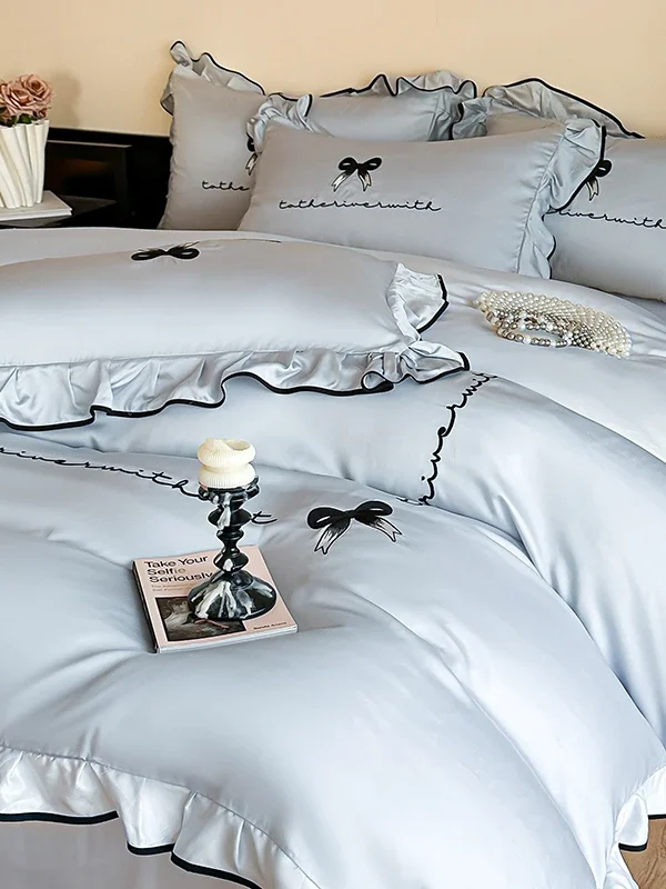 Ins Style Korean Bedding Set Lace Seersucker 4-piece Bed Sheet Set Quilt Cover Solid Duvet Cover For Girl Spring Decor Home
