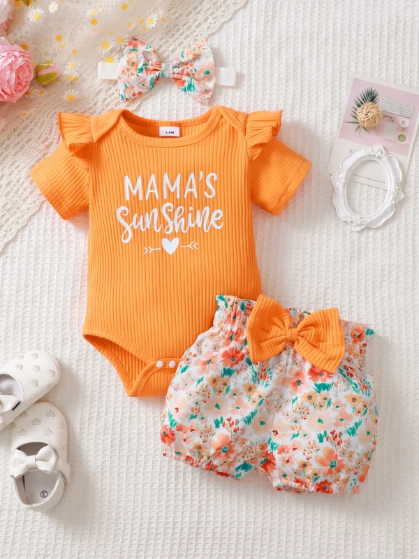 Newborn Baby Girl 3-Piece Summer Set – Cotton Short Sleeve Top, Letter Print Shorts & Headband (0-2 Years)