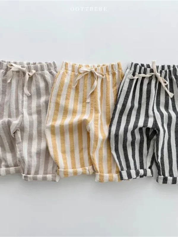 Vintage Linen Cotton Stripe Pants – Casual Elastic Waist Trousers with Pockets for Toddlers