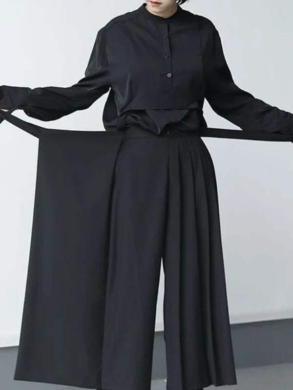 Versatile Dark Pleated Wide-Leg Pants – Unisex High-Waisted Double-Layer Straight Culottes