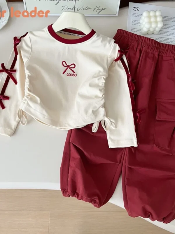 Bear Leader Autumn Girls’ Fashion Sports Set – Red Long Sleeve Top with Bow & Letter Embroidery + Work Pants