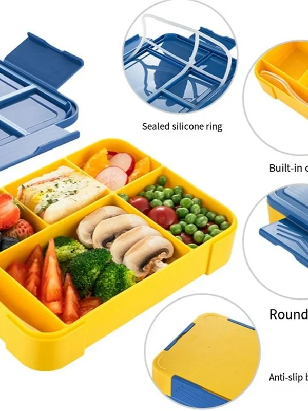 Kids Bento Lunch Box – 5 Compartments with Sauce Container, Leakproof & Easy Open Snack Box, Fun Blue Design