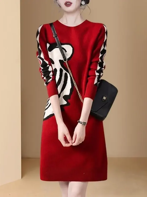 Women’s Knitted Sweater Dress – Autumn/Winter Elegant Pullover with Printed Panels, Round Neck & Long Sleeves | Loose Casual Fit