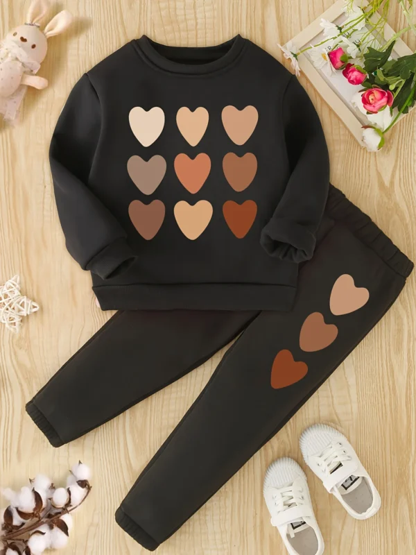 Girls’ Heart Print Tracksuit – 2-Piece Pullover & Pants Set for Autumn