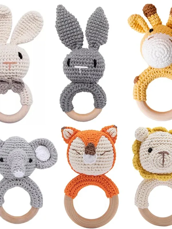 Personalized Wooden Baby Rattle – Crochet Animal Teether Toy (Rabbit, Lion, Fox, Bear) for Newborns