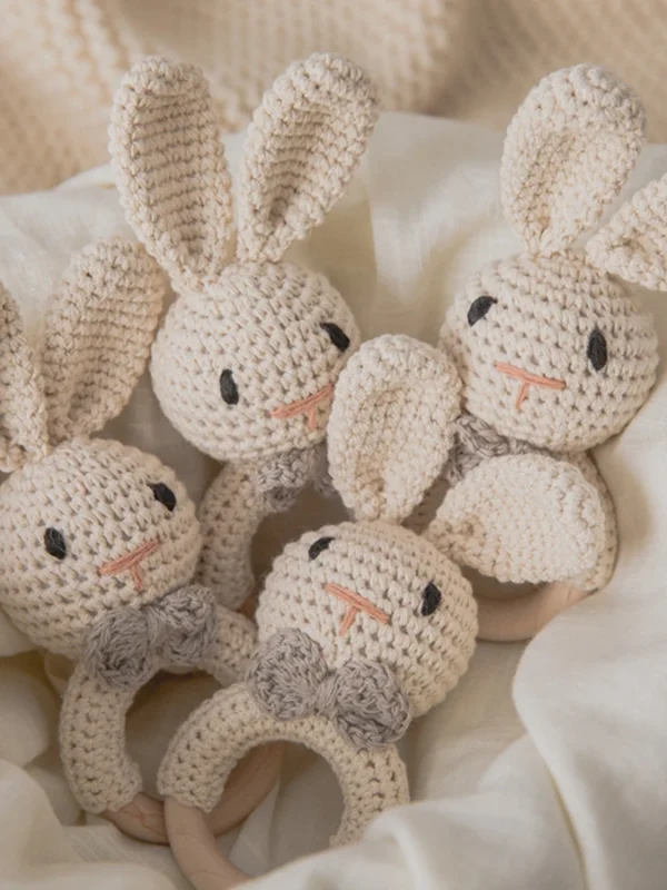 Custom Baby Teether Rattle – BPA-Free Wooden Bracelet Toy with Crochet Lemon & Bunny Design for Newborns