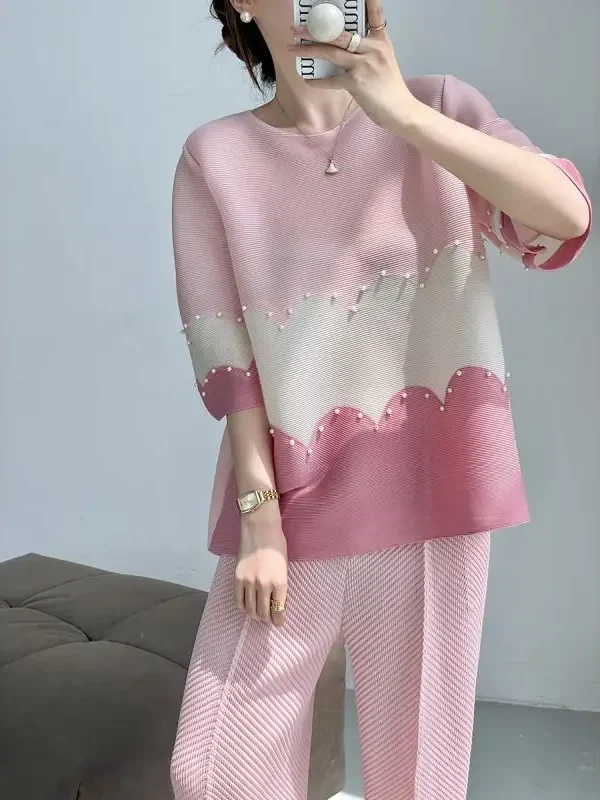 Miyake Pleated Beaded Top – 2024 Summer Loose-Fit Round Neck Blouse with Elegant Slimming Drape