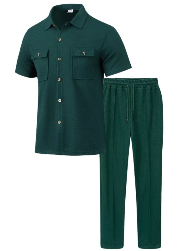 Men's Summer Waffle Two-Piece Set – Short Sleeve Button Shirt & Pocket Trousers, Casual Breathable Outfit