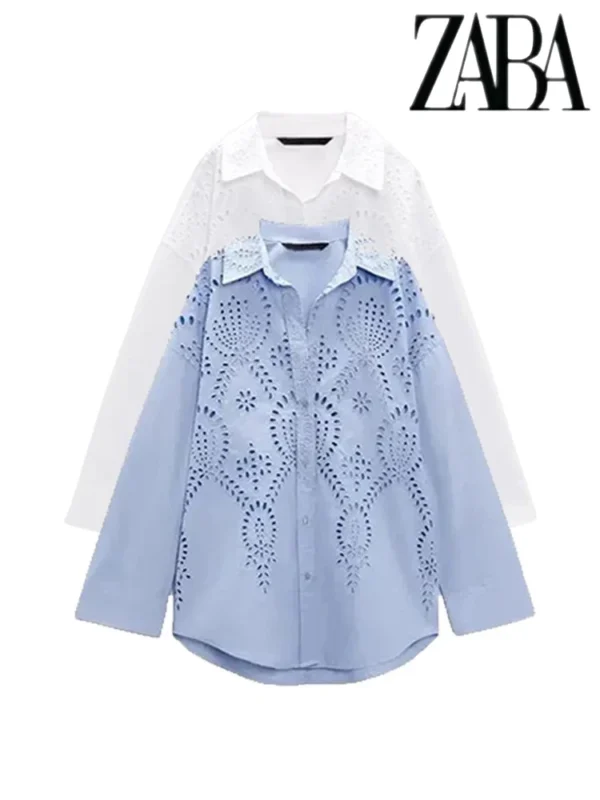 TRAF Women's Hollow Embroidery Lapel Shirt – Elegant Single-Breasted Long Sleeve Summer Top for Commuter Chic