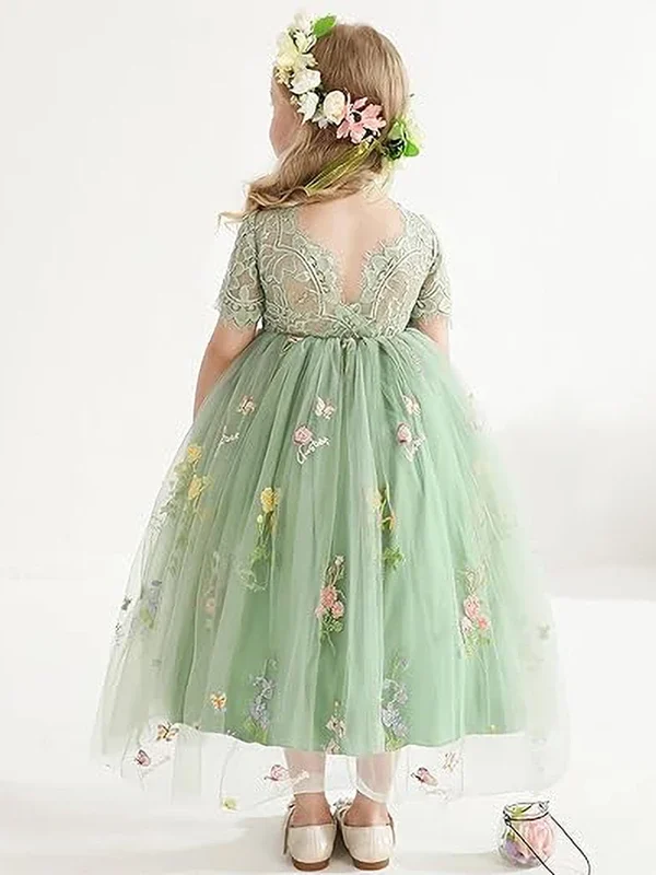 Girls Green Tulle Princess Dress – Flower Embroidery Lace Gown with V-Back, Elegant Backless Birthday Party & Formal Dress