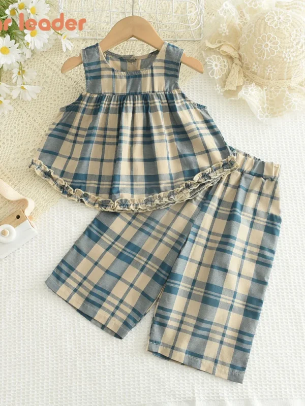 Bear Leader Girls' Summer Outfit – Blue Plaid Vest & Pants 2-Piece Set for Ages 2–7