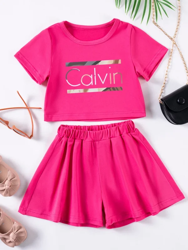 Girls Calvin Letter Print Suits T-shirt+Shorts