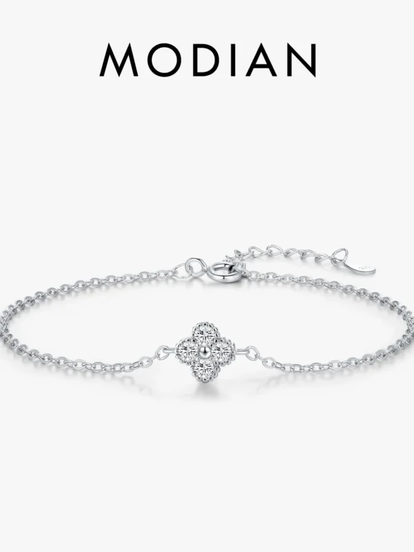 MODIAN 925 Sterling Silver Four Leaf Clover Bracelet – Lucky CZ Link Chain, Elegant Stackable Jewelry for Women