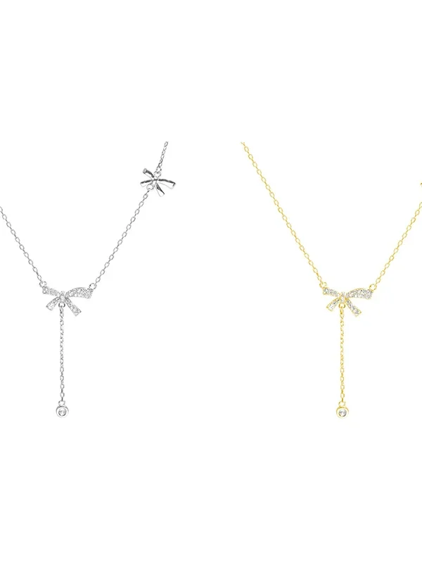 Zircon Bow Pendant Necklace – Crystal Tassel Clavicle Chain for Women, Elegant Gift Jewelry