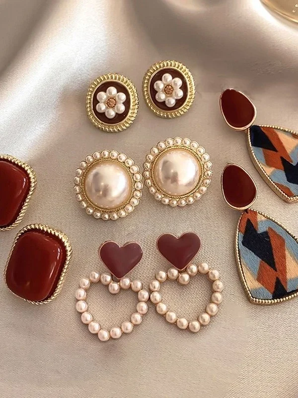 Vintage Dripping Oil Wine Red Retro Stud Earrings For Women Korean Pearl Flower Heart Shape Geometric Earring High Sense Jewelry