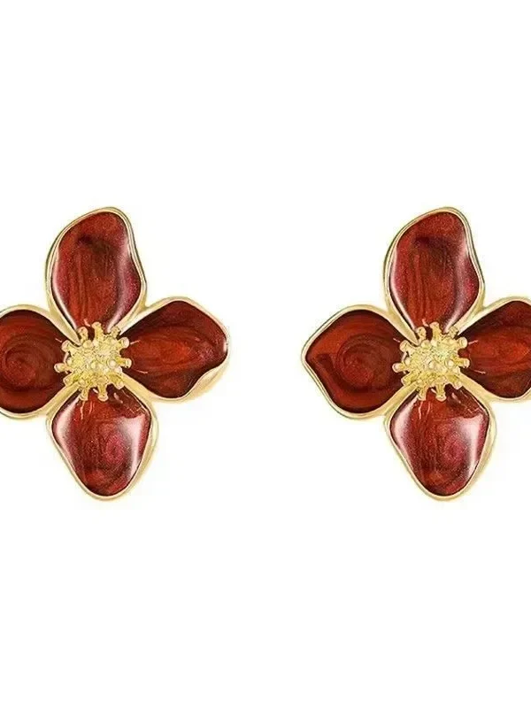 Fashion Korean Women Retro Drip Glaze Red Flower Earrings