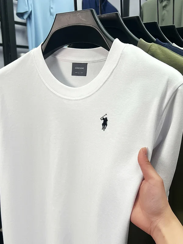 Men’s High-End Silky Cotton T-Shirt – Breathable Short Sleeve Summer Top with Embroidered Detail | Designer-Inspired Casual Crew Neck Tee