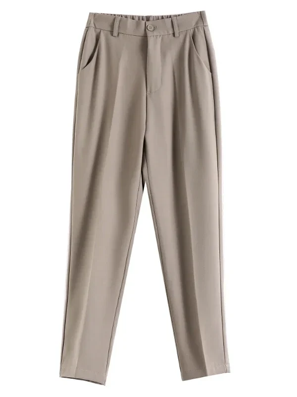 High-Waisted Suit Pants – Casual Loose Fit, Button Detail, Ankle-Length Work Trousers