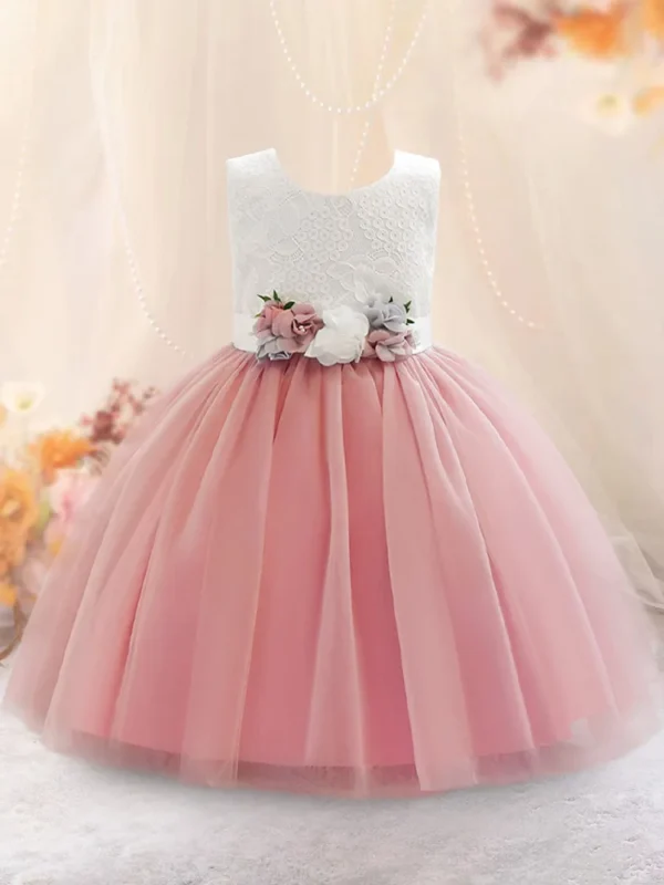 Girls’ Princess Dress – Puffy Mesh Birthday Gown with Floral Patchwork, Elegant Performance Dress for Toddlers & Kids