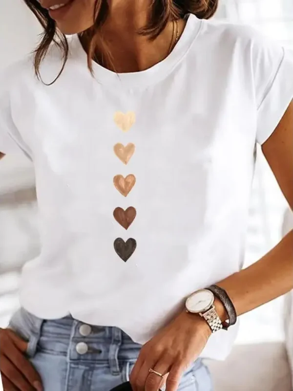 Y2K Love Heart Print T-Shirt for Women – 90s Aesthetic Summer Casual Tee