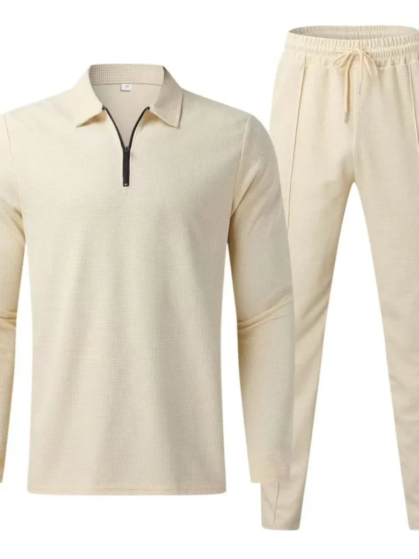 Men’s Waffle Knit Polo Sweatshirt & Jogger Set – 2PCS Solid Color Long Sleeve Lapel Shirt + Sweatpants Suit | Casual Loungewear Tracksuit