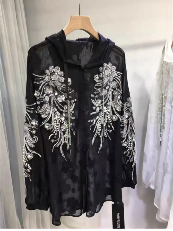 Women's Sparkle Pearl Embroidered Hoodie – Long Sleeve Loose Fit Sunscreen Blouse