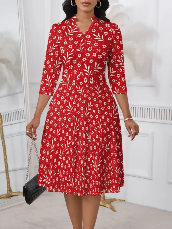 Women’s A-Line Midi Dress – 3/4 Sleeve Flare Dress for Elegant Everyday Style