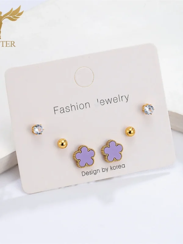 Korean Elegant Purple Flower Earrings Women Stainless Steel Jewelry Gold Plated Stud Earrings Set 4mm Ball Zircon Ear Accessory