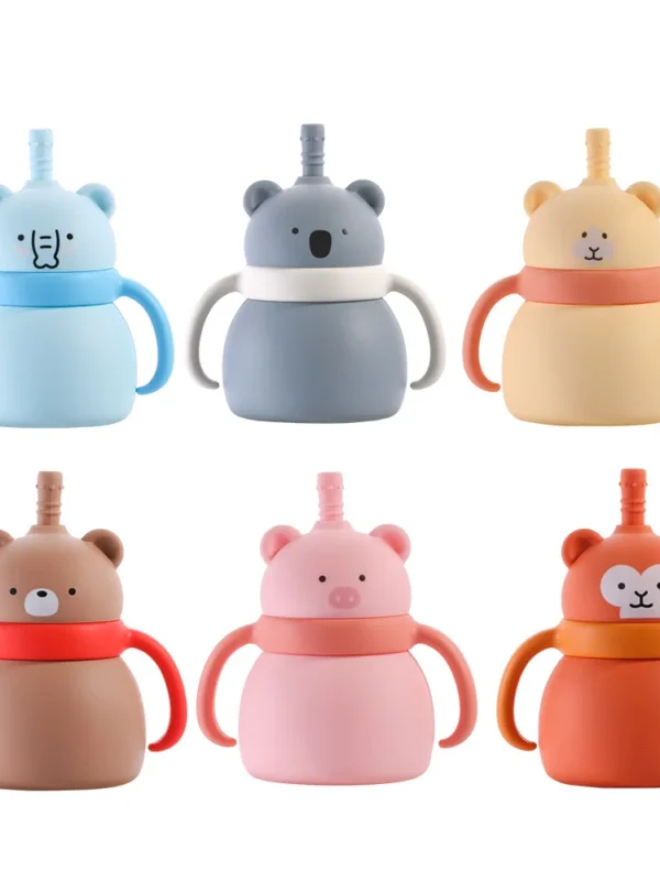 Cute Animal Silicone Straw Cup – BPA-Free Monkey, Bear, Koala with Handles | 100% Food-Grade Soft Toddler Cup
