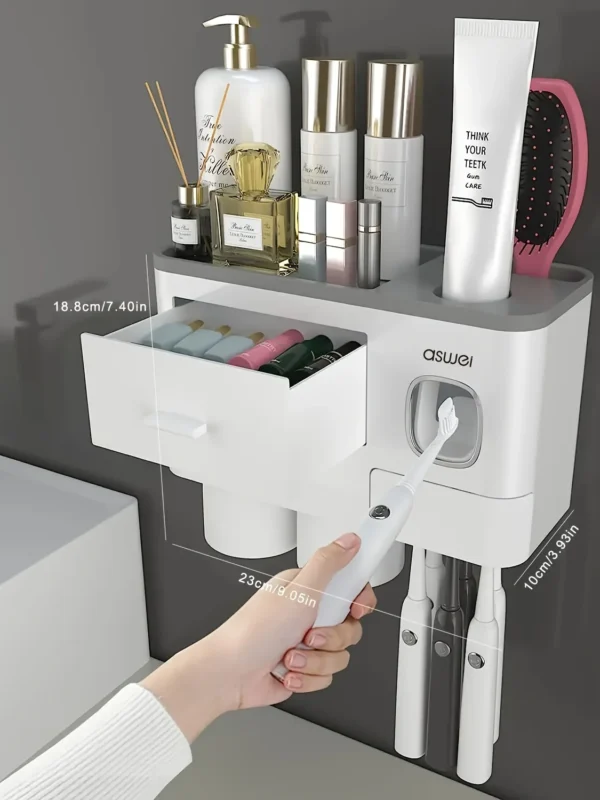 Toothbrush Holder Wall Mounted – No-Drill 2-in-1 Bathroom Organizer with Toothpaste Squeezer & Storage Rack