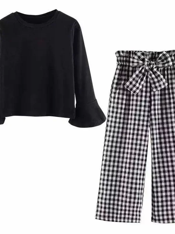Girls' Autumn Outfit Set – Long Sleeve Top & Plaid Pants (2PCS, 6–14Y)