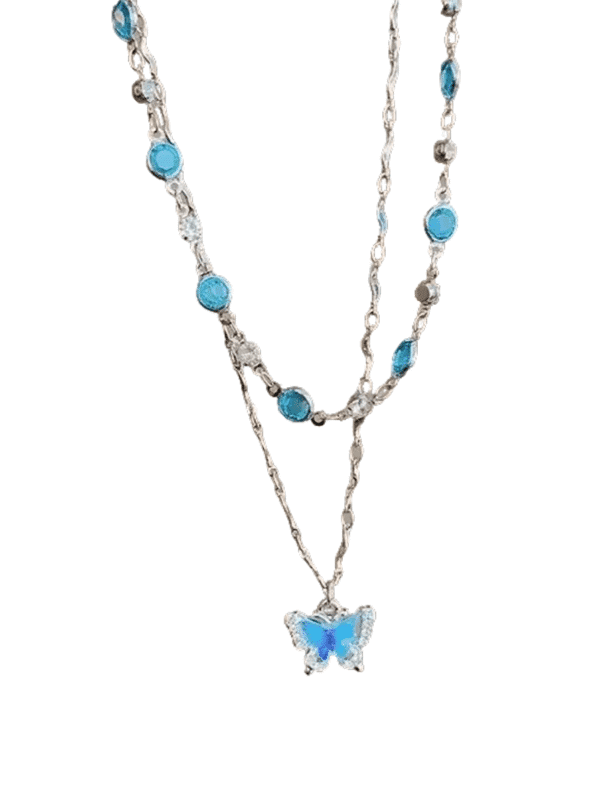 Romantic Blue Crystal Butterfly Necklace – Bilayer Zircon Choker for Women & Girls