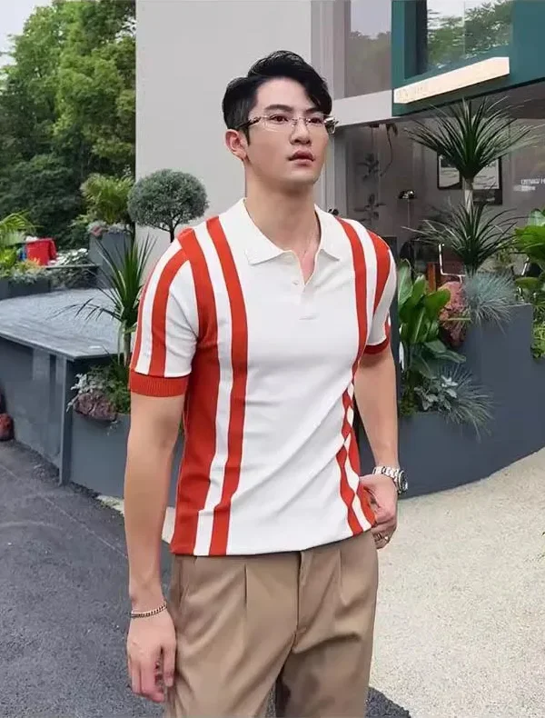 Summer New Fashion Turn-down Collar Knitted Polo Shirts Short Sleeve Slim Casual Business Trendy Striped T-shirts Male Clothes