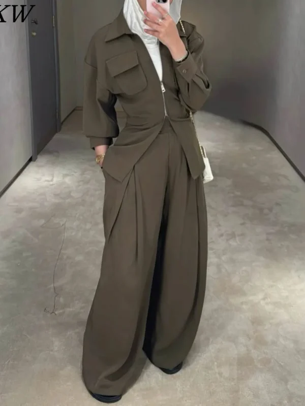 VTKW Collar Zipper Waist-restricting Design Pure Color 2025 Spring Summer Women's Blazer High-quality Loose Pants Two-piece Set