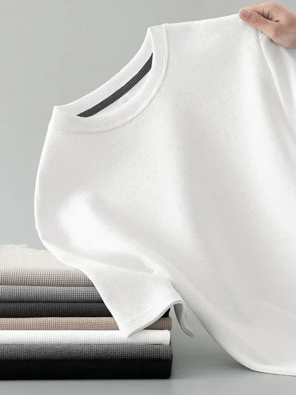 Korean Style Men Summer T-Shirt Man Short Sleeved Waffle Solid T-Shirt Color Casual Tee Round Men's Round Neck Fashion Top