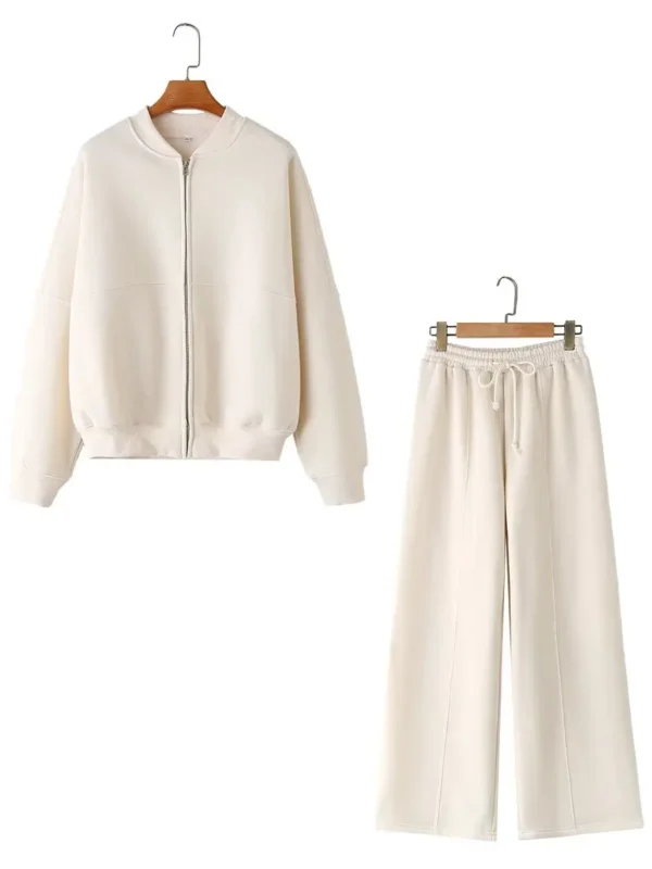TRAFZA Women's Fall 2-Piece Retro Solid Color Zip Bomber Jacket Sweatshirt+High Waist Lace Up Women's Wide Leg Pants Street Wear