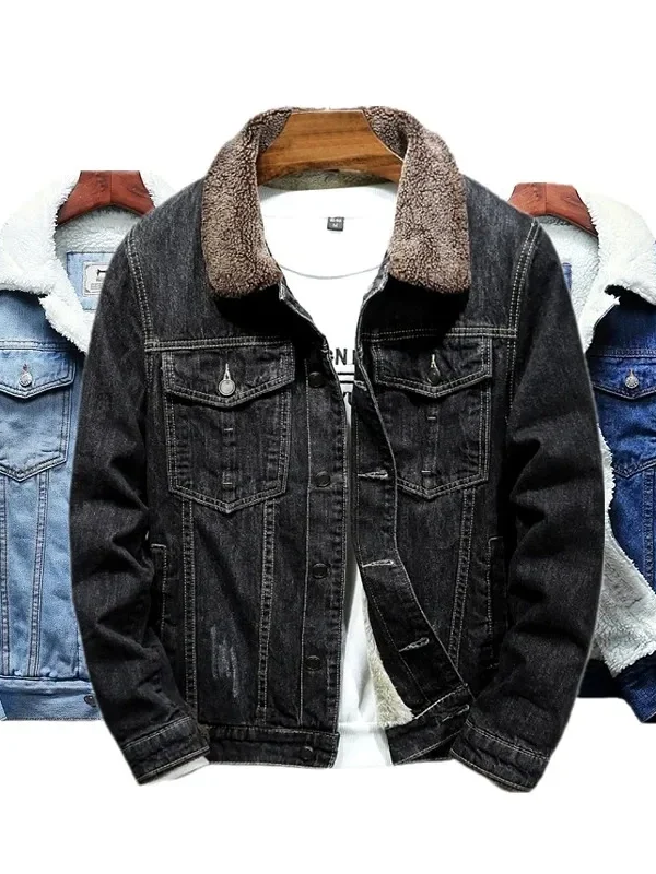 Winter Blue Men's Thick Warm Jackets, Fashion Boutique Solid Color Denim Jacket / Black Fleece Coat Asian Size M-5XL 6XL