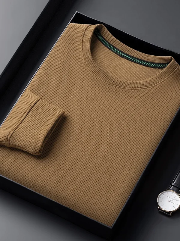 Men's Casual Waffle Round Neck T-shirt Breathable, Comfortable, and Fashionable Long Sleeved T-shirt