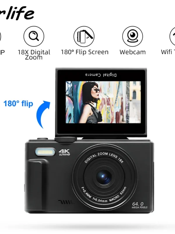 Compact Digital Photography Camera 4K 18X Digital Zoom Vintage Vlog Video Recorder YouTube 180° Flip Screen Selfile WiFi Web Cam
