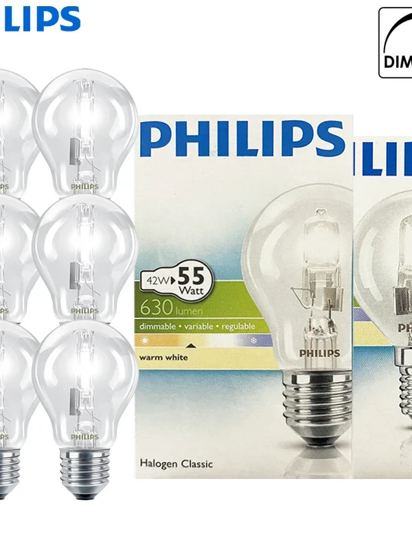Philips Classic 42W(=55W) E27 E14 Edison Screw Halogen Bulb Dimmable Traditional Standard Lamp 2800K Warm White Light Original