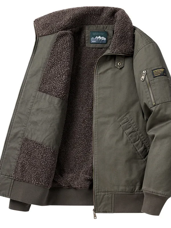 New WinterFull-Cotton Men's Lamb Fleece Plus-Size Casual Jacket with Fleece-Lined Collar - Pilot Style Utility Cotton Coat