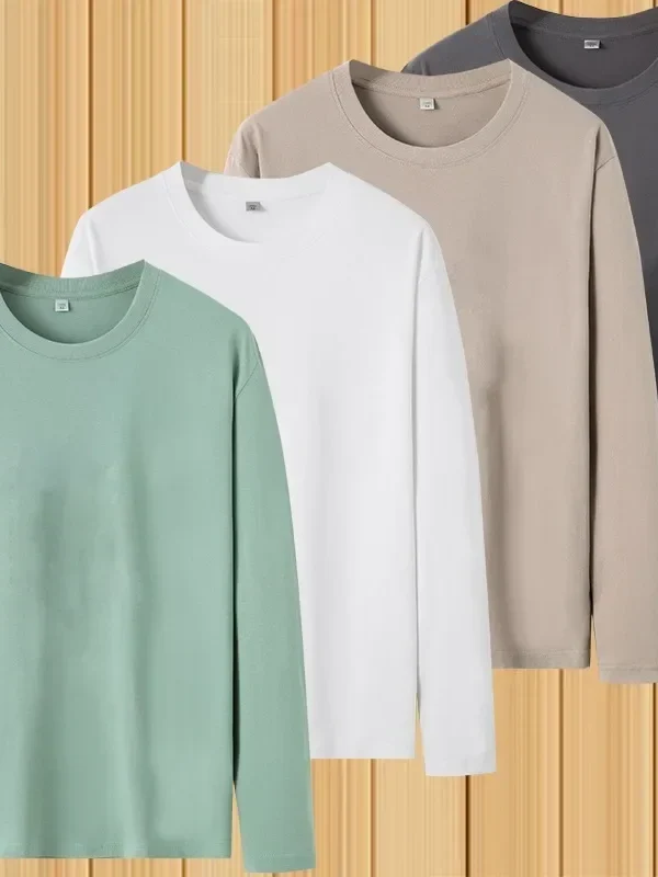 New 2024 Spring Autumn Men's T-shirt Soft Round Neck Solid Color Long Sleeve Top Layer Base Layer Cotton