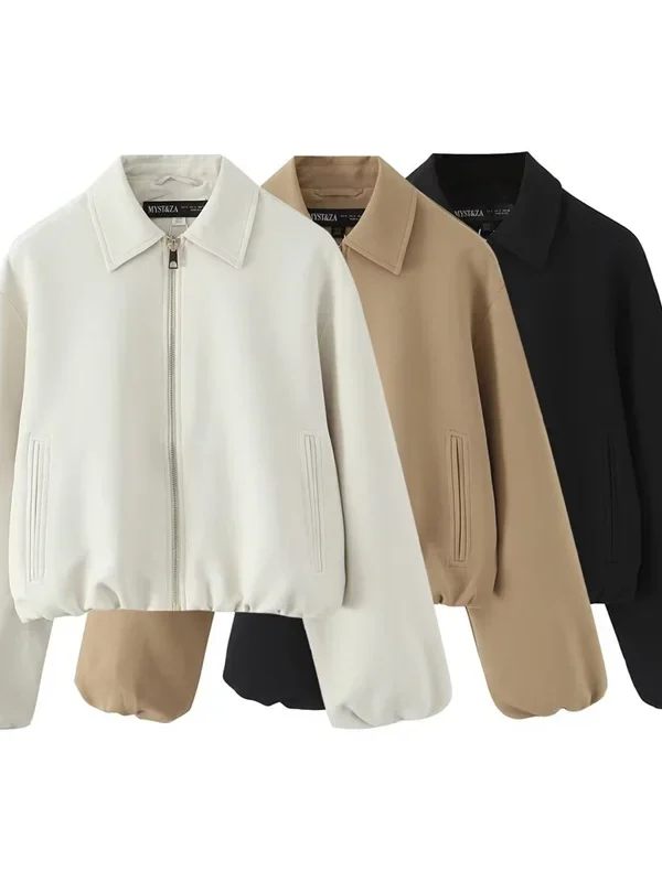 Women's Jacket Fall 2025 New Solid Color Long Sleeve Zipper Puffy Loose Jacket Jacket Casual Fashion Simple Versatile Personl