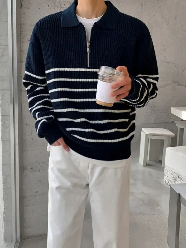 Autumn Korean Men's Light Style Lapel Long Sleeve Sweater Fashion High-end Loose Retro Casual Half Zip Striped Sweater Top
